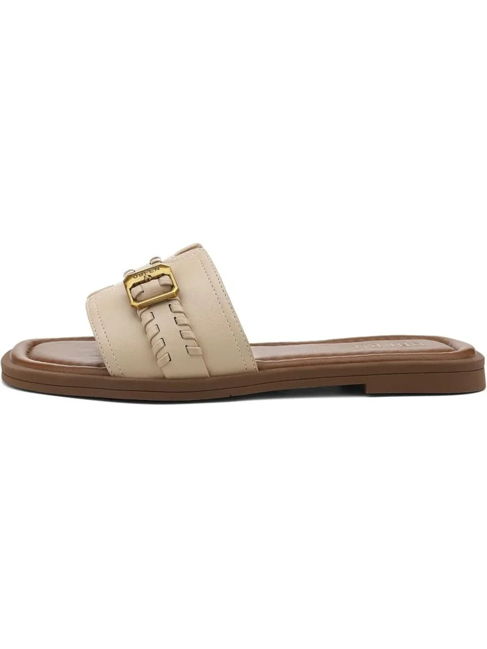 Women's Khaki Square Toe Flat Sandals Slides Dressy Comfortable for Casual